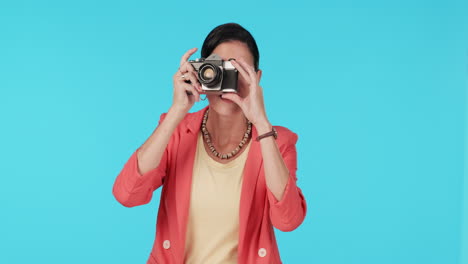 photography, camera and a woman tourist on a blue