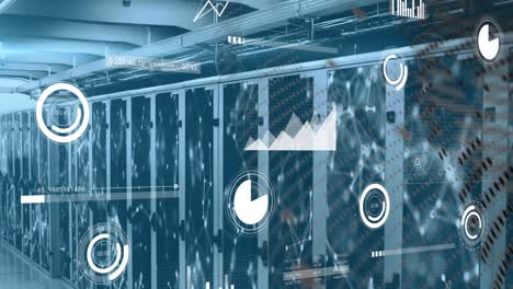 Animation-of-data-processing-and-network-of-connections-over-spinning-globe-against-server-room