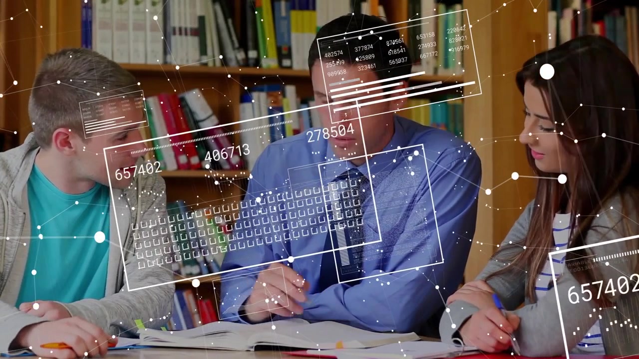Teacher pointing worksheet causing floating panels showing math solutions for students in library