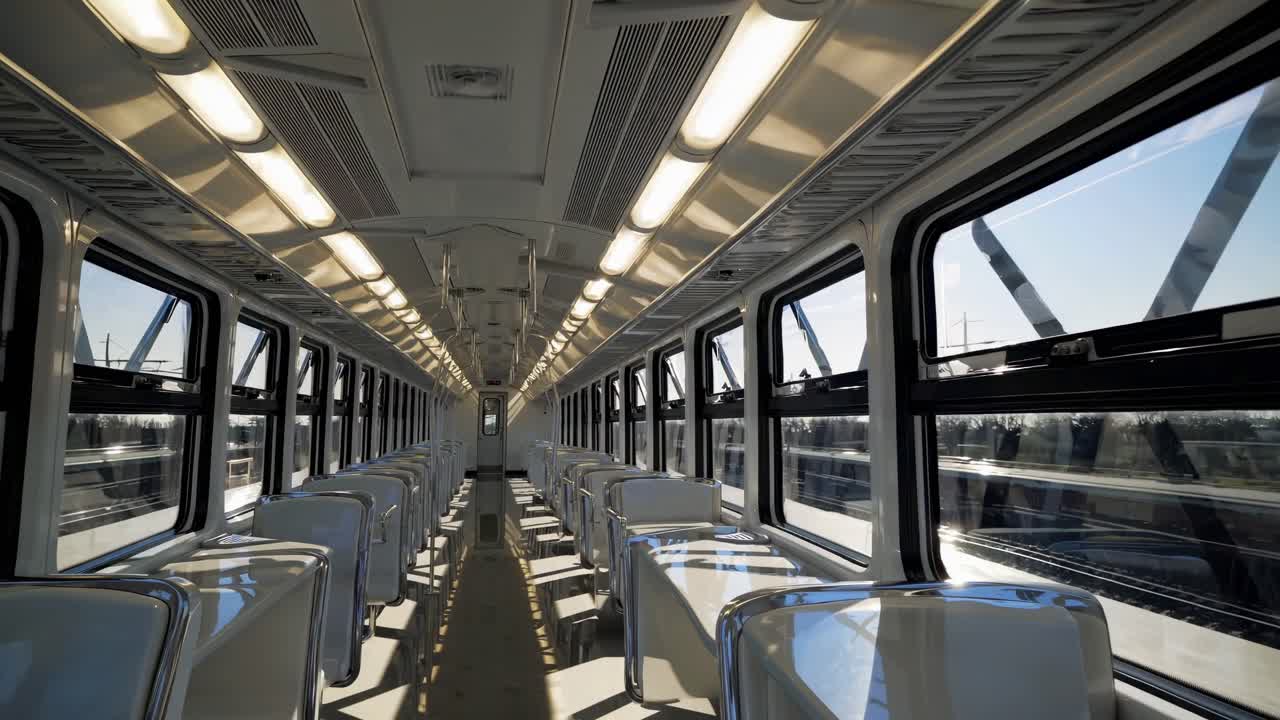 Wide-angle video captures an empty, modern train interior with sleek white seats and large windows