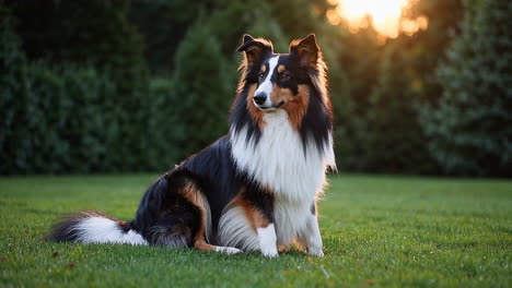 sheltie dog in a garden at sunset