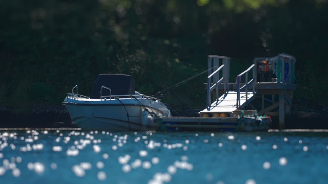 작은 도크 에 정박 한 모터 보트