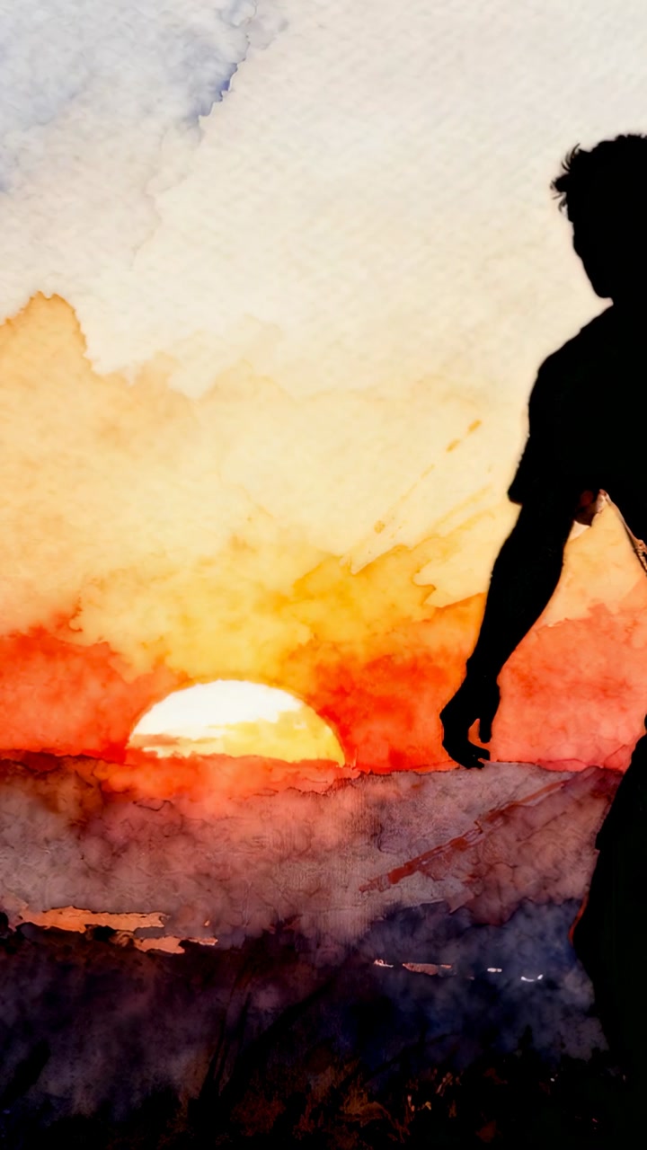Man silhouette stepping right edge as sun descending and animated clouds deepening sunset cinema
