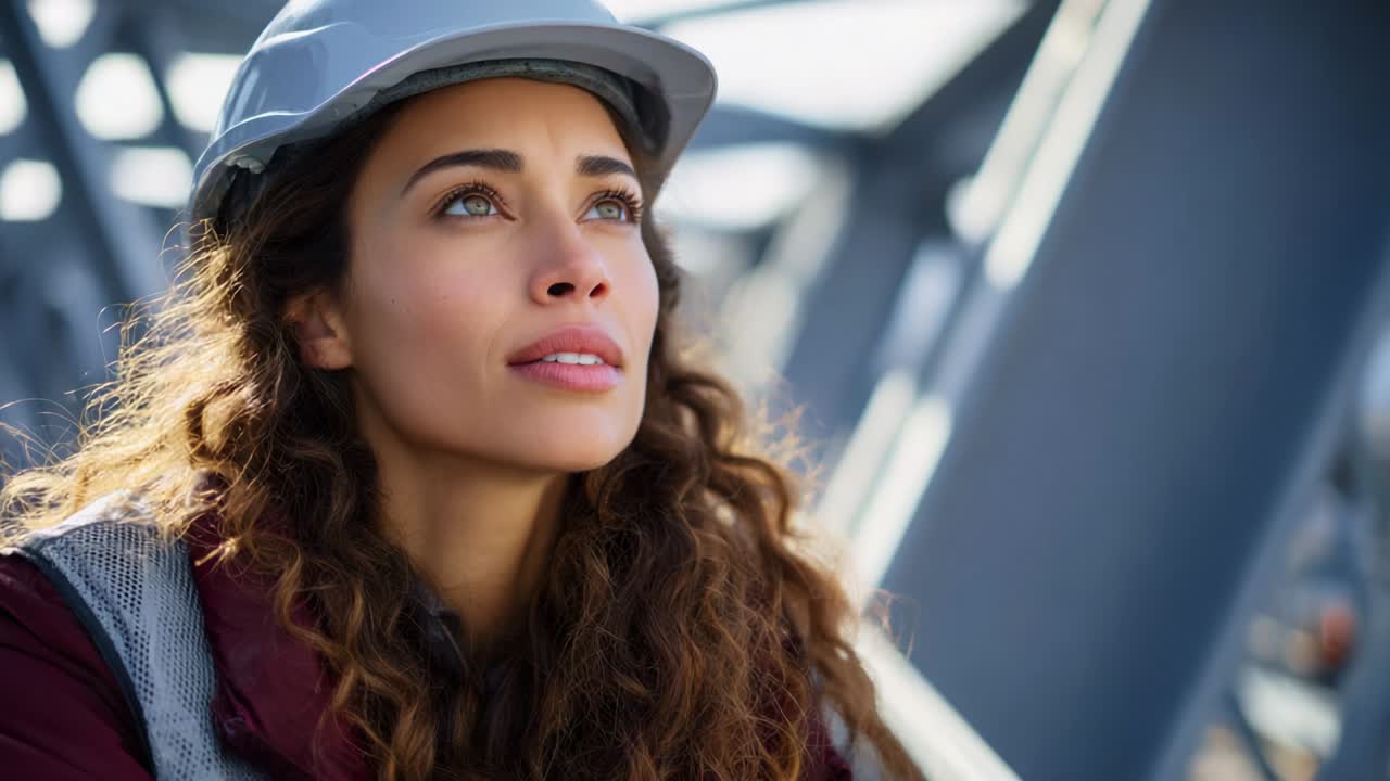 A thoughtful woman in a hard hat gazes upwards, contemplating her surroundings with a look of determination and hope. Her curly hair cascades down as she reflects on the future in this industrial setting
