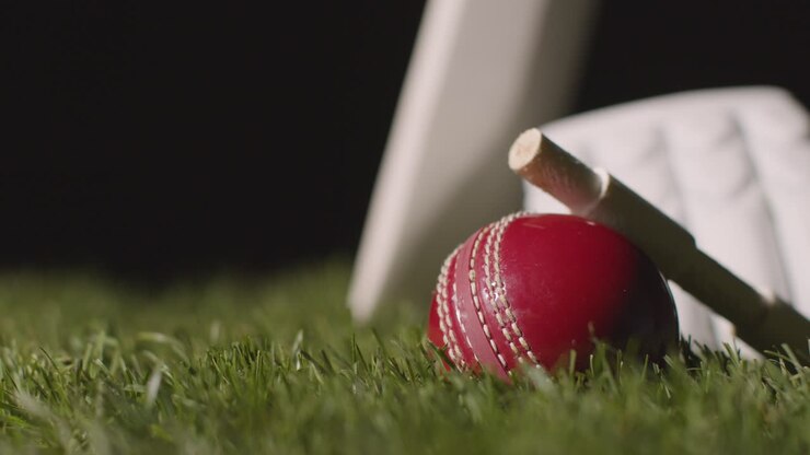 Natura morta di cricket con primo piano di mazza, palla, bails e guanti adagiati sull'erba 6.