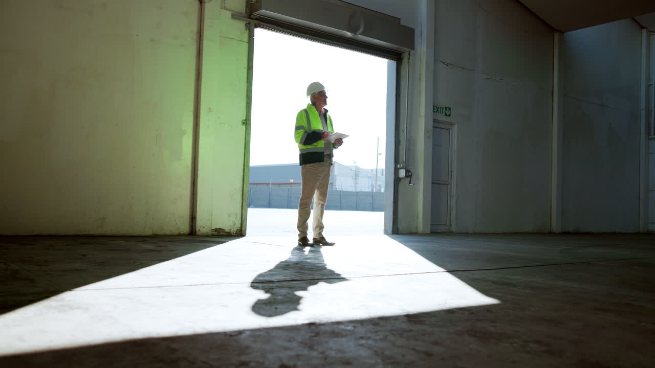 Construction Worker Inspecting Warehouse