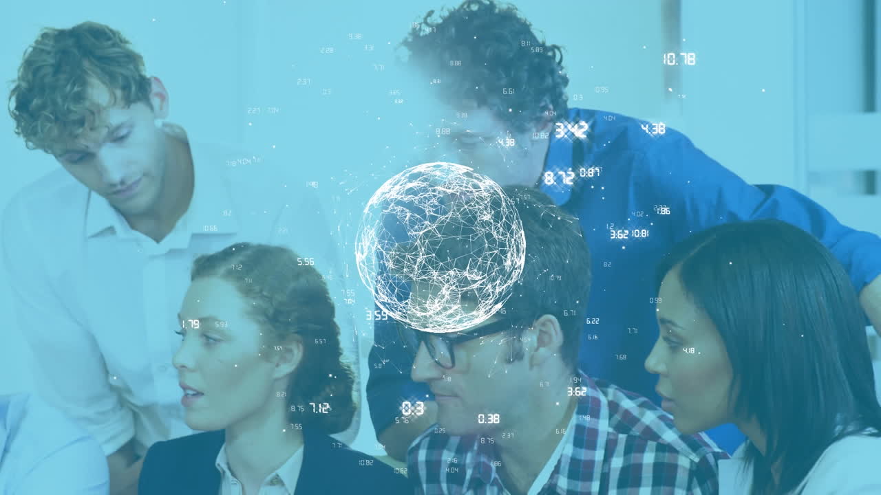 Globe of network of connections against team of office colleagues working together at office