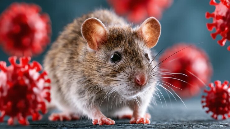 Et nærbillede af en mus omgivet af røde viruspartikler, der illustrerer samspillet mellem gnaverbiologi og infektionsdynamik i et laboratoriemiljø.