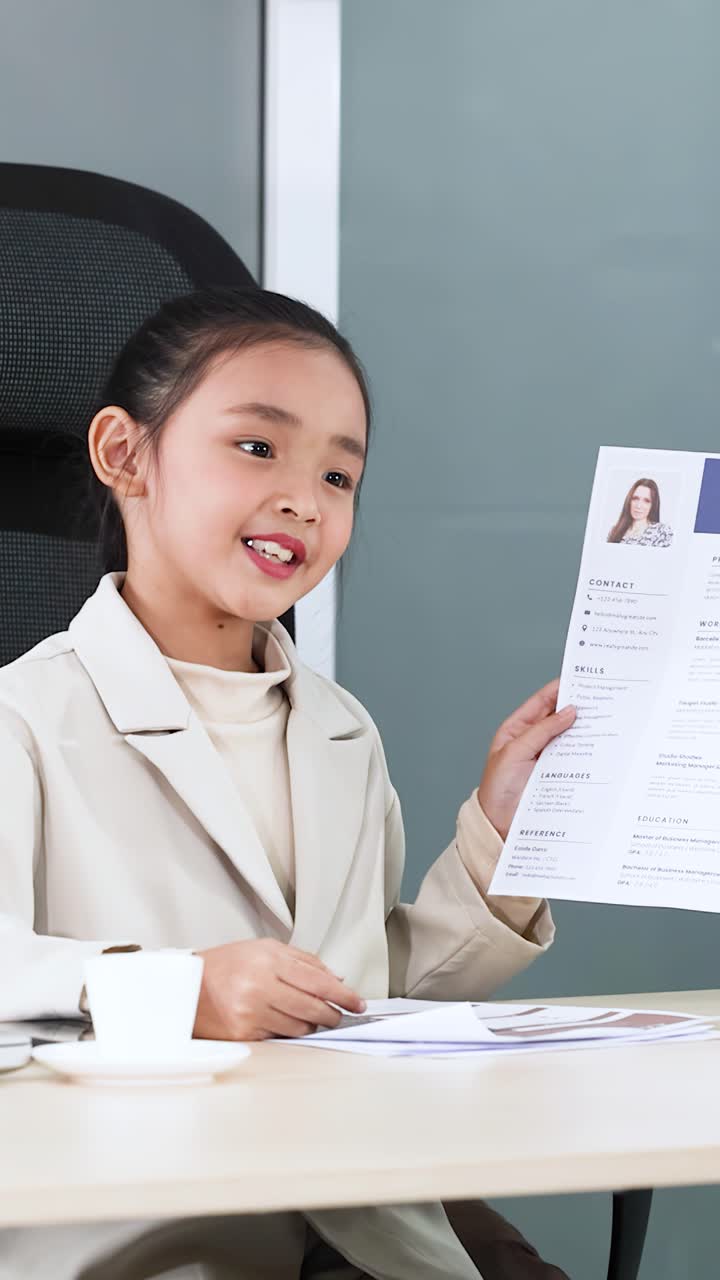 Una giovane ragazza asiatica in blazer bianco esamina documenti durante una simulazione di ruolo professionale in ufficio.