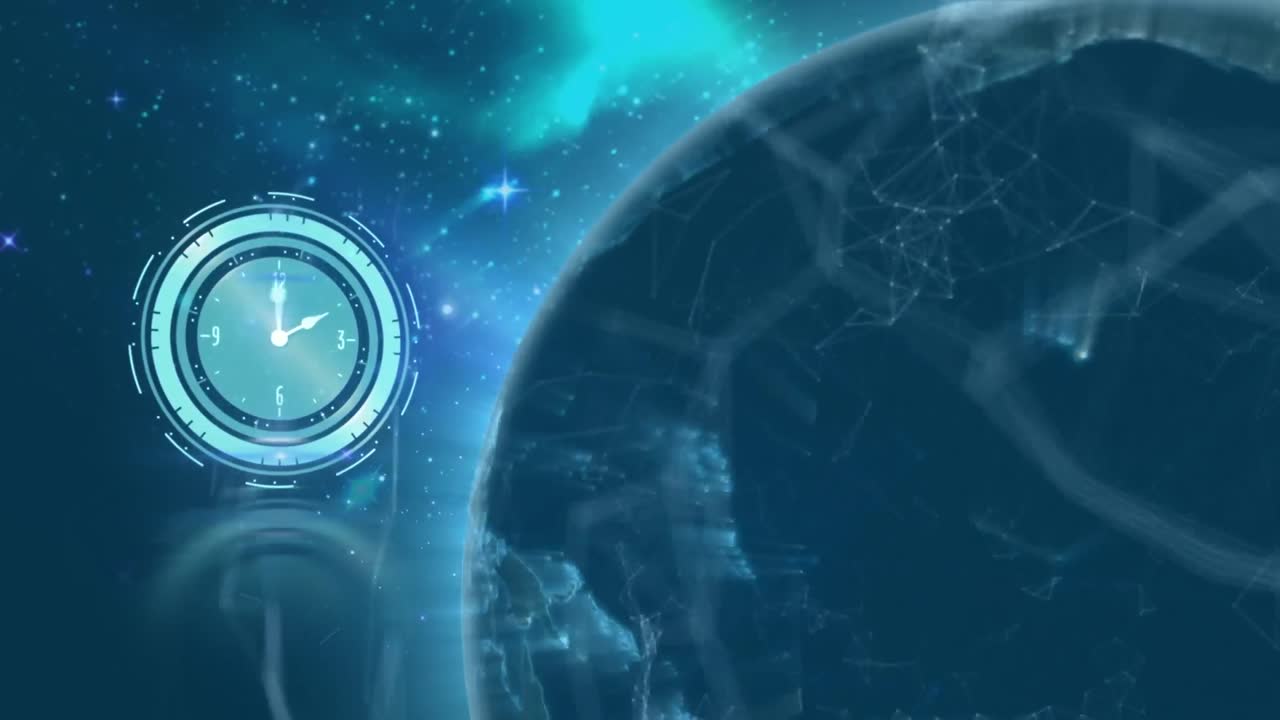 animación del reloj con redes de conexiones en todo el mundo