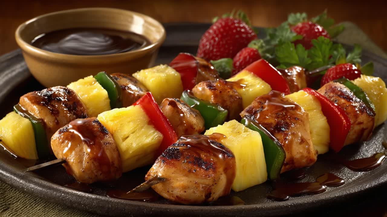 Deliziosi Spiedini di Pollo alla Griglia con Ananas, Peperoni e Salsa Saporita, Guarniti con Fragole Fresche e Coriandolo su un Piatto Scuro