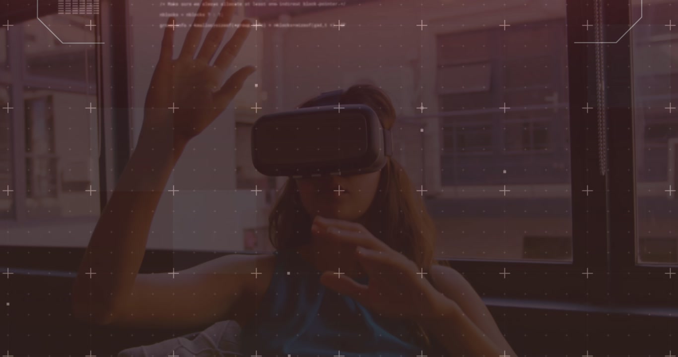 Animation of interface with data processing over caucasian woman wearing vr headset