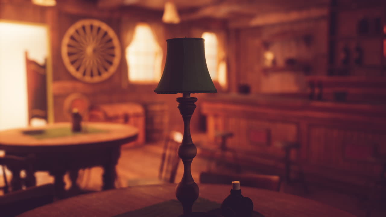 Cozy interior of an old saloon with wooden decor and warm lighting
