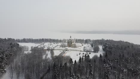 pazaislis monastery in kaunas in aerial drone descend winter shot