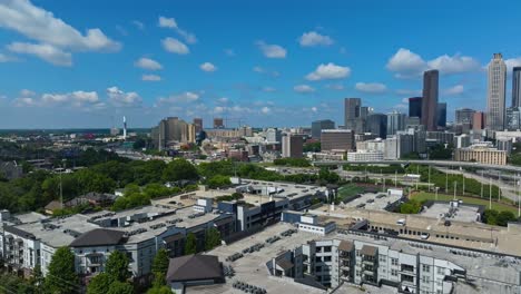 aerial view of downtown atlanta from apartment complex near walden athletic complex in georgia, usa