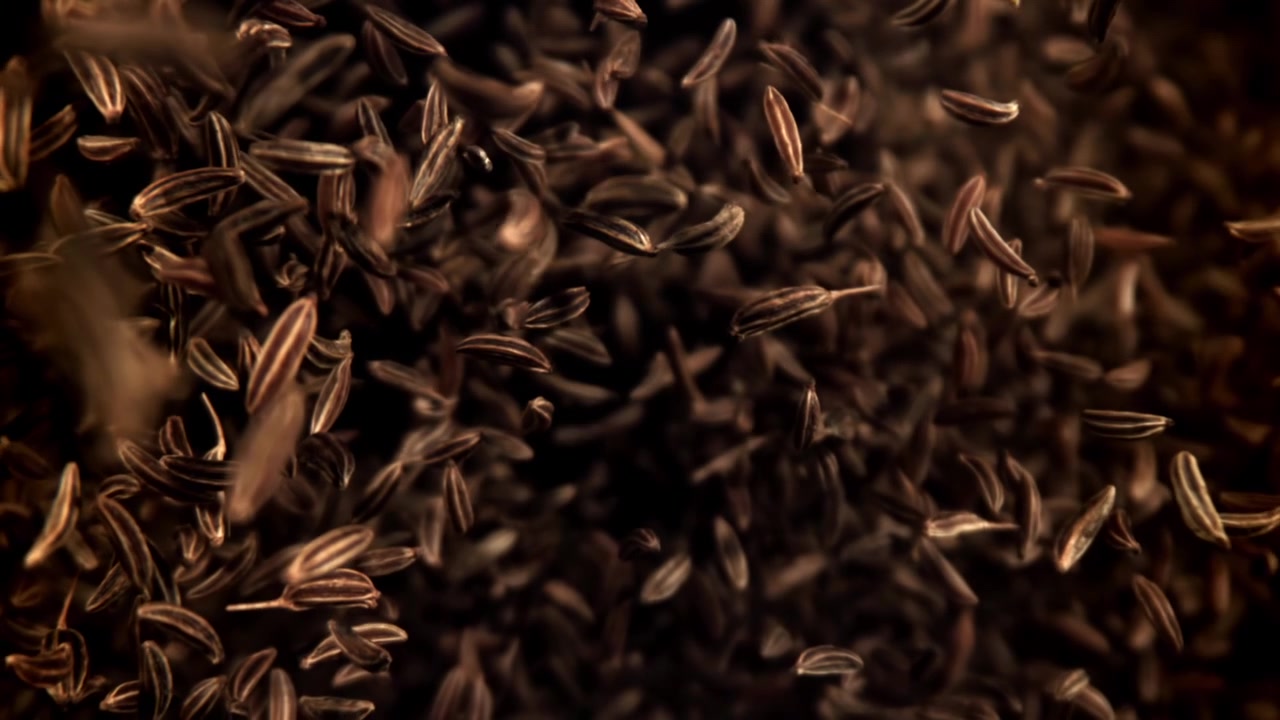 Slow Motion Cumin Seeds Falling Against a Dark Background