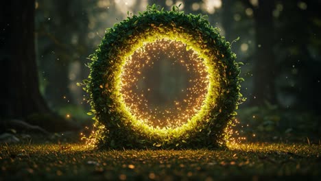 A Captivating Magical Portal Framed by Lush Greenery with Sparkling Glows, Inviting the Viewer into a Enchanted Forest Realm full of Mystery and Wonder