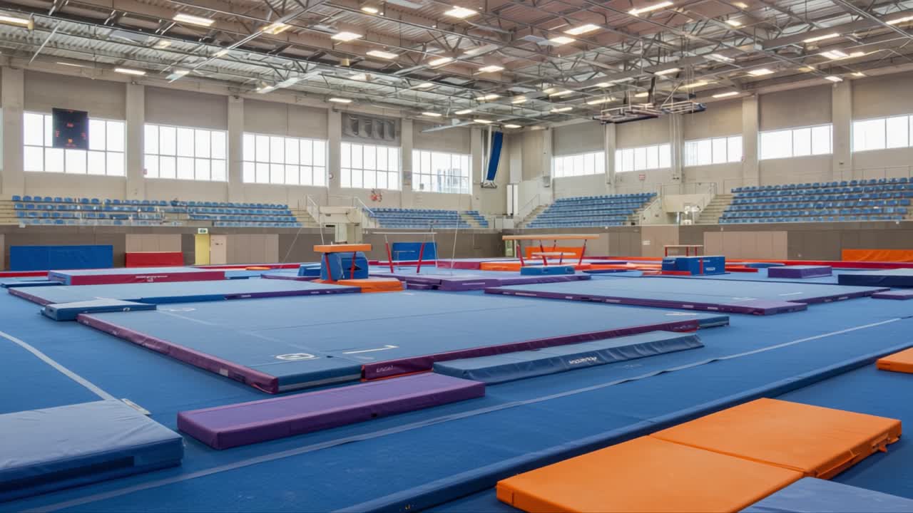 A Wide-Angle View of a Spacious Gymnastics Arena Featuring Colorful Equipment, Training Mats, and Seating Areas for Spectators and Athletes Alike
