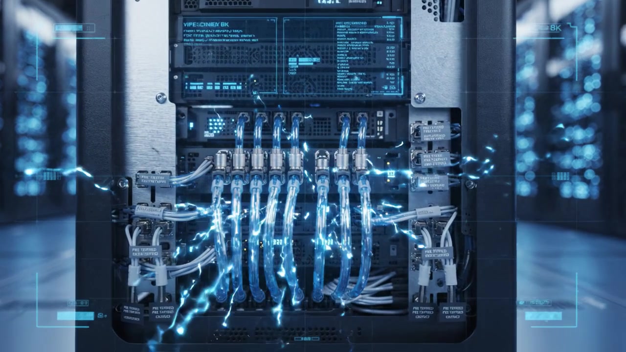 Exploring the Intricate Design of a Modern Data Center with Advanced Server Technology and Networking Cables Illuminated in a High-Tech Environment
