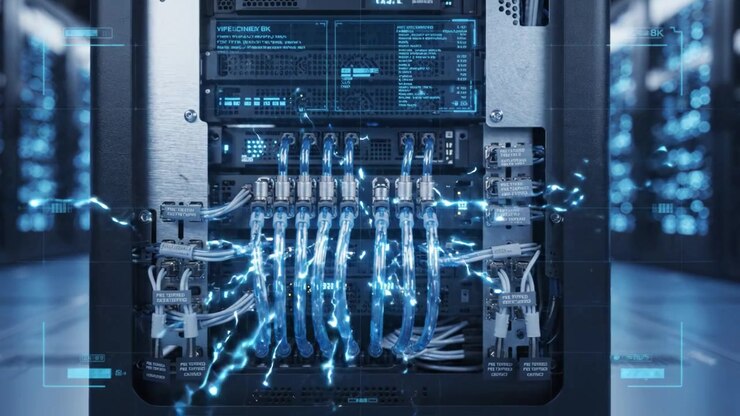 Exploring the Intricate Design of a Modern Data Center with Advanced Server Technology and Networking Cables Illuminated in a High-Tech Environment