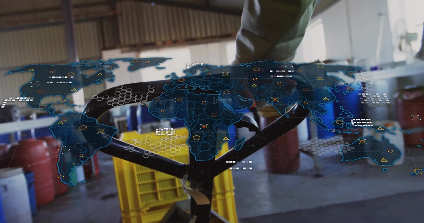 female warehouse worker pushing pallet jack with digital world map overlay showing supply chain