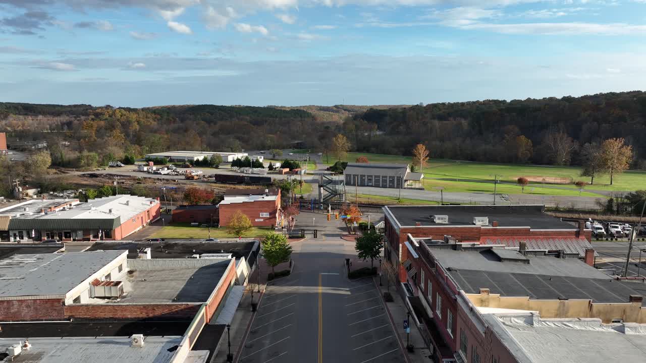 Aerial View of a Small Town Main Street in Autumn
