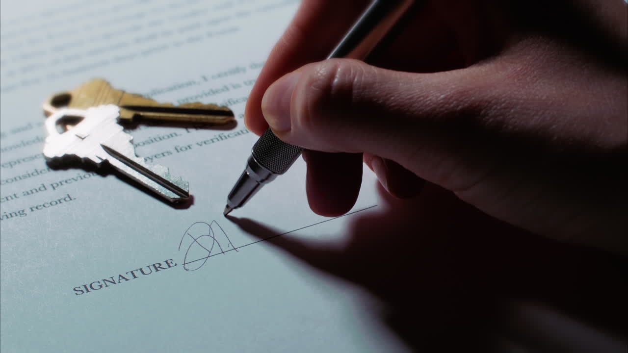 Close up shot of a female caucasian hand signing a document, with house or apartment keys