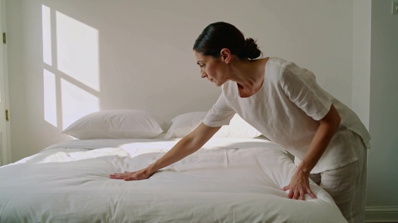 Mujer entrando, alisando el edredón de lino, colocando almohadas, ordenando en casa, con luz de ventana y espacio para texto.