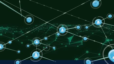 Animation of network of connections with people icons over glowing green triangles