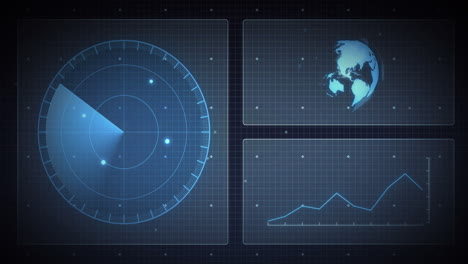 animación del escaneo del alcance, el globo y el procesamiento de datos en pantallas sobre cuadrícula