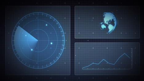 animation of scope scanning, globe and data processing on screens over grid