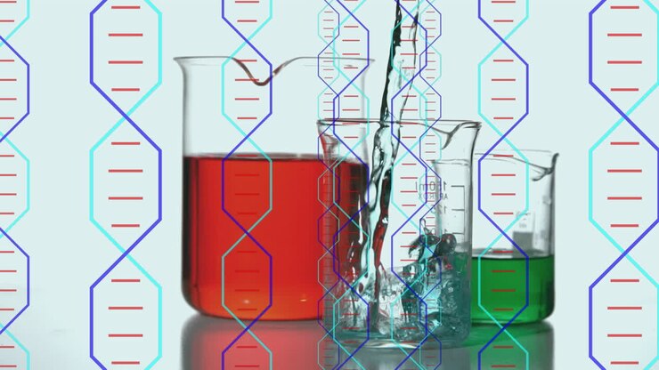 Animazione di filamenti di DNA su becher