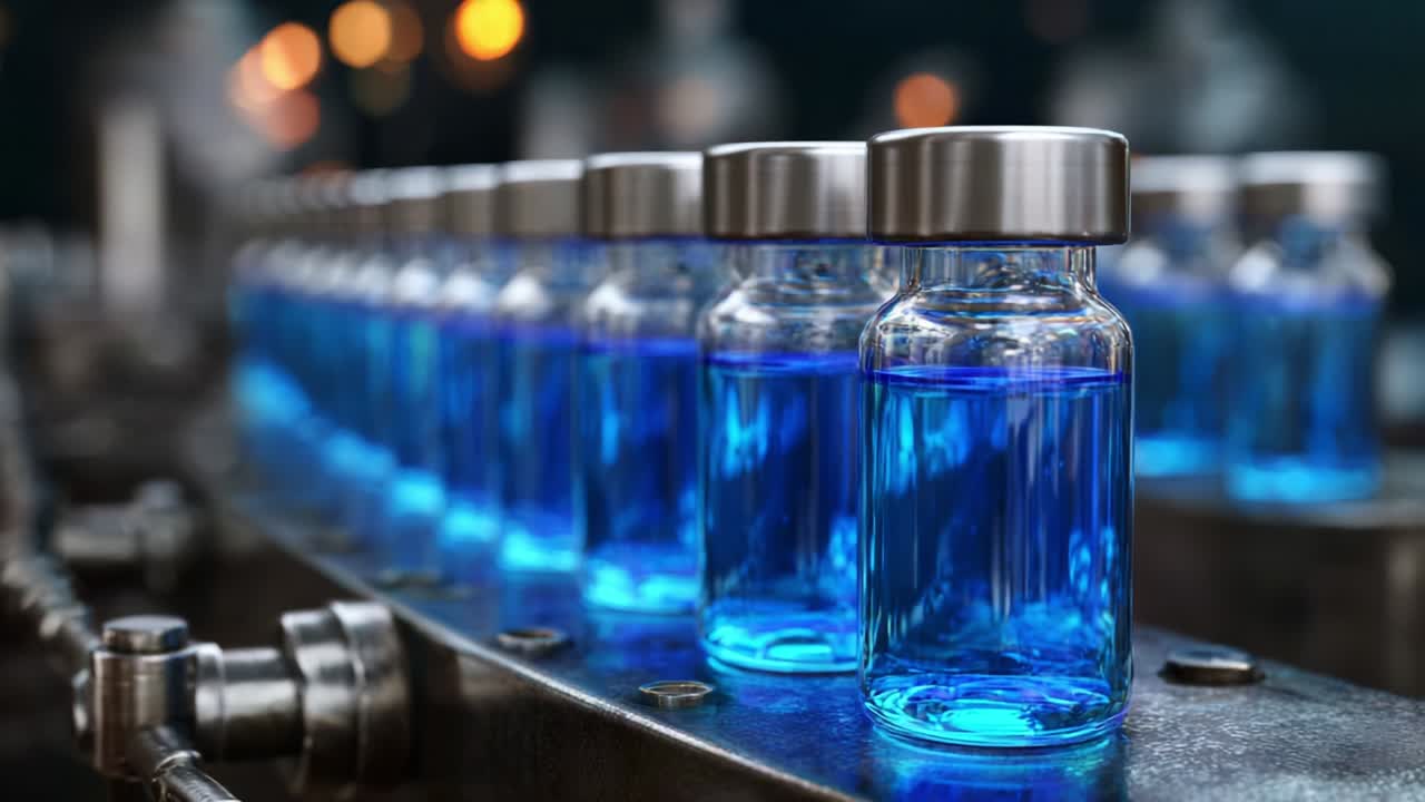 A Close-Up View of Multiple Transparent Vials Filled with Blue Liquid on a Production Line, Showcasing the Manufacturing Process of Pharmaceutical Products in a High-Tech Environment