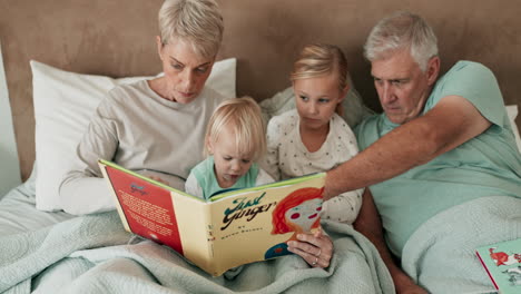 bed, book and grandparents reading to