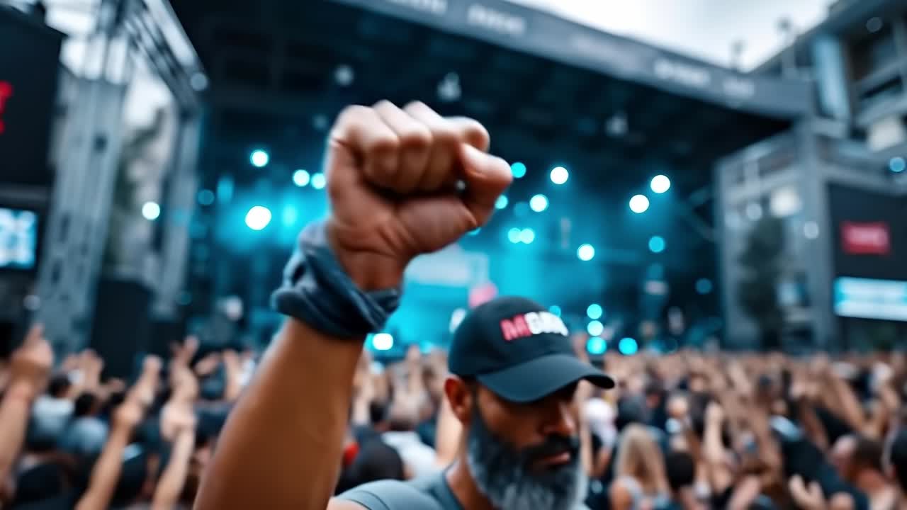 A man with a beard and a hat in front of a crowd of people