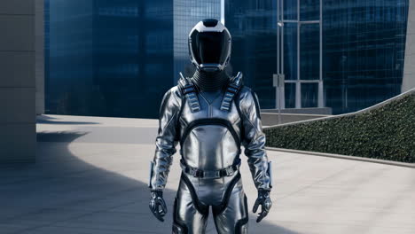 a person in a futuristic silver suit and helmet standing in a modern urban environment