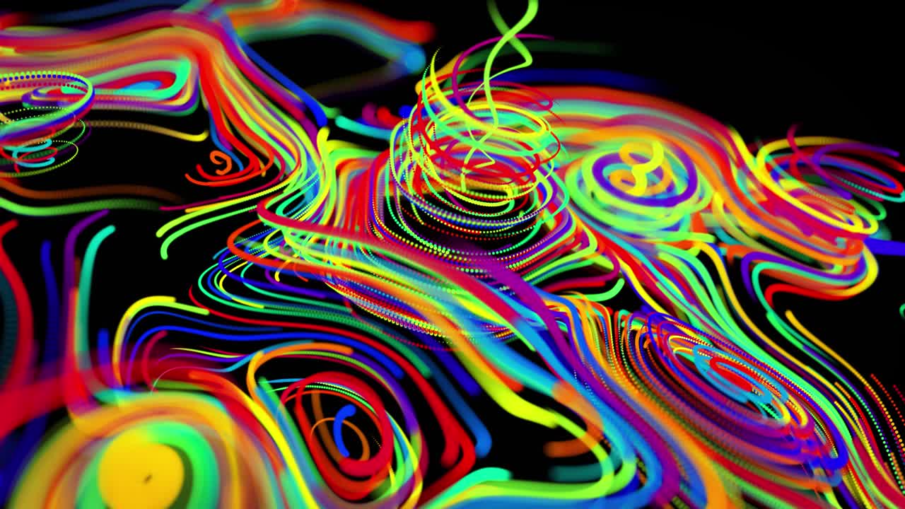 el flujo de partículas forma líneas rizadas como rastros de brillo de diferentes colores, las líneas forman un patrón giratorio como ruido de rizado. abstracto 3d bucle de flujo de animación como fondo festivo creativo brillante