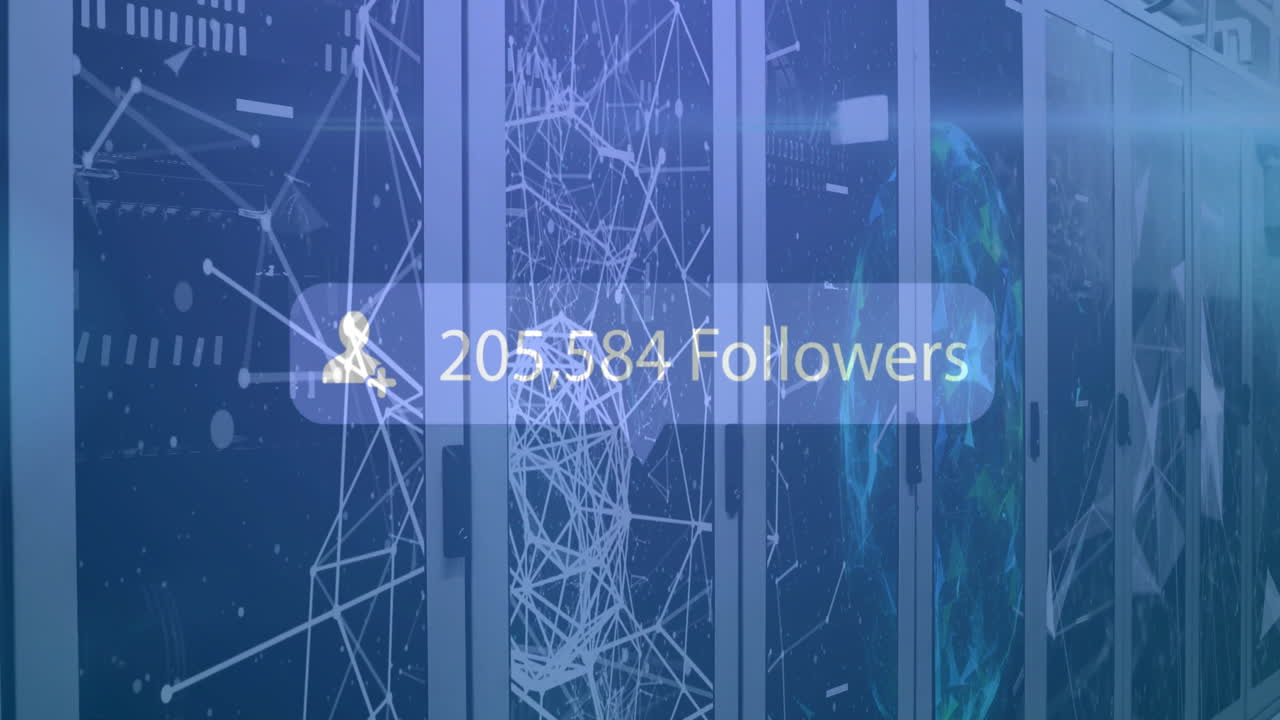 Animation of followers text with growing numbers over server room