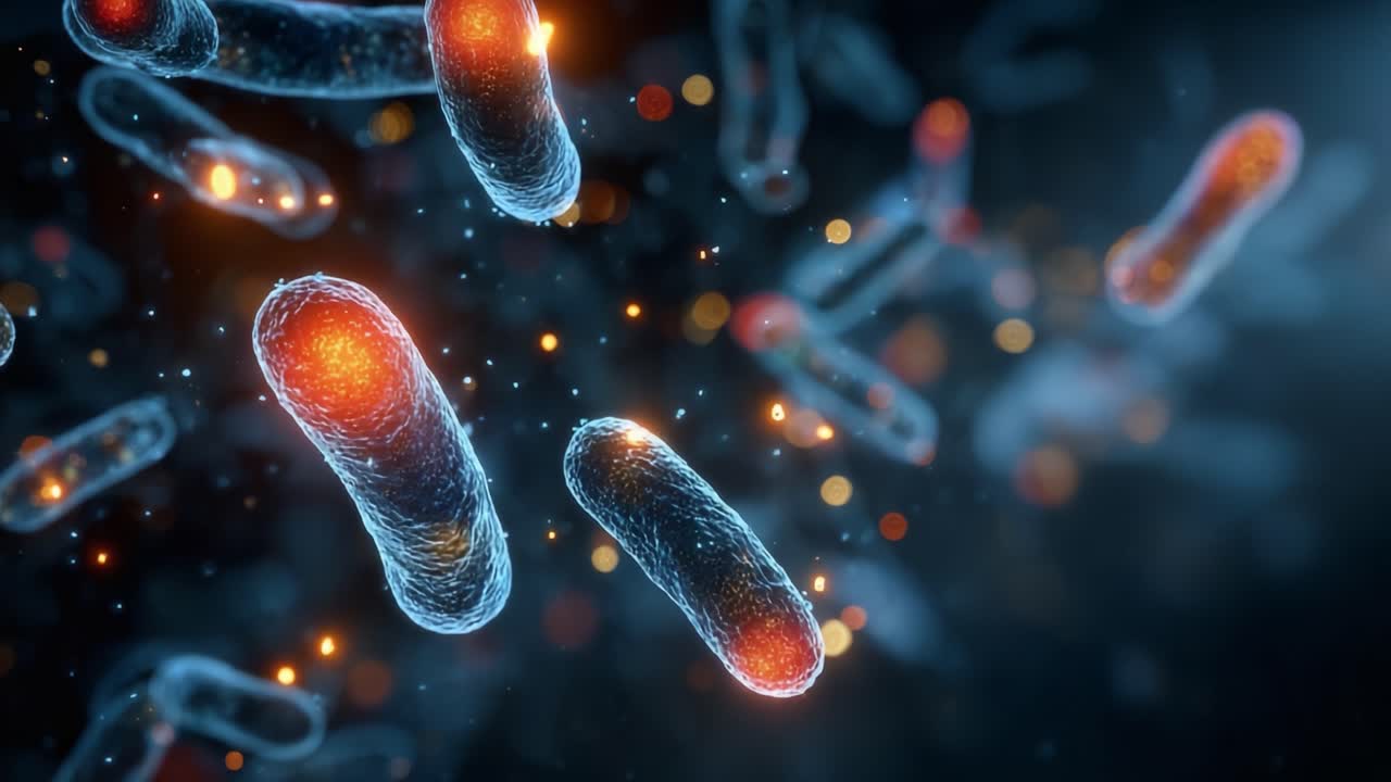 Una Dettagliata Visione Ravvicinata di Vibrante Vita Microbica: Scorci Affascinanti di Batteri Colorati in Movimento All'interno di un Enigmatico Mondo Microscopico