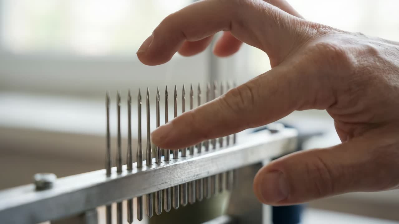 Primo piano di una mano che tocca aghi di metallo appuntiti su un utensile industriale