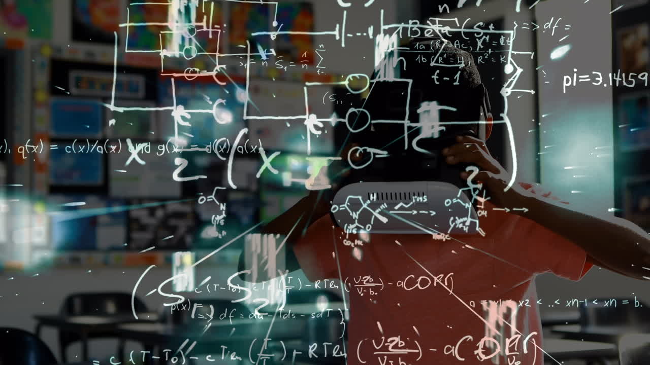 animación de ecuaciones matemáticas sobre un escolar afroamericano usando auriculares vr
