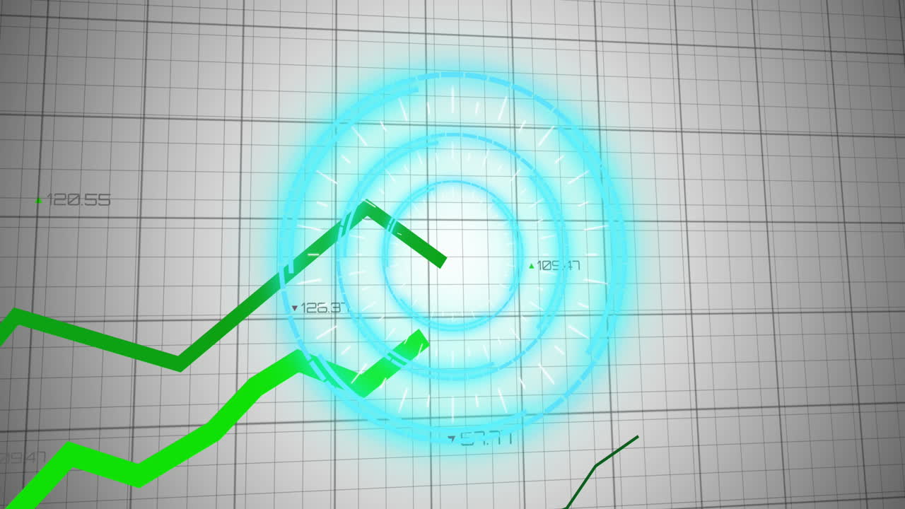 animación de círculos iluminados con gráficos de líneas verdes y dígitos sobre el patrón de cuadrícula