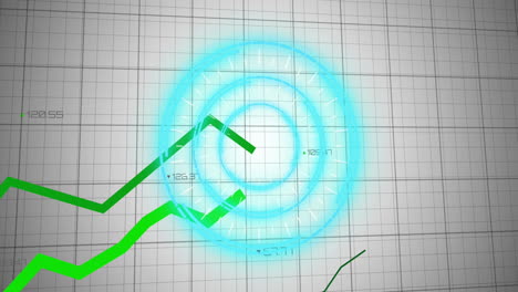 animation of illuminated circles with green line graphs and digits over grid pattern