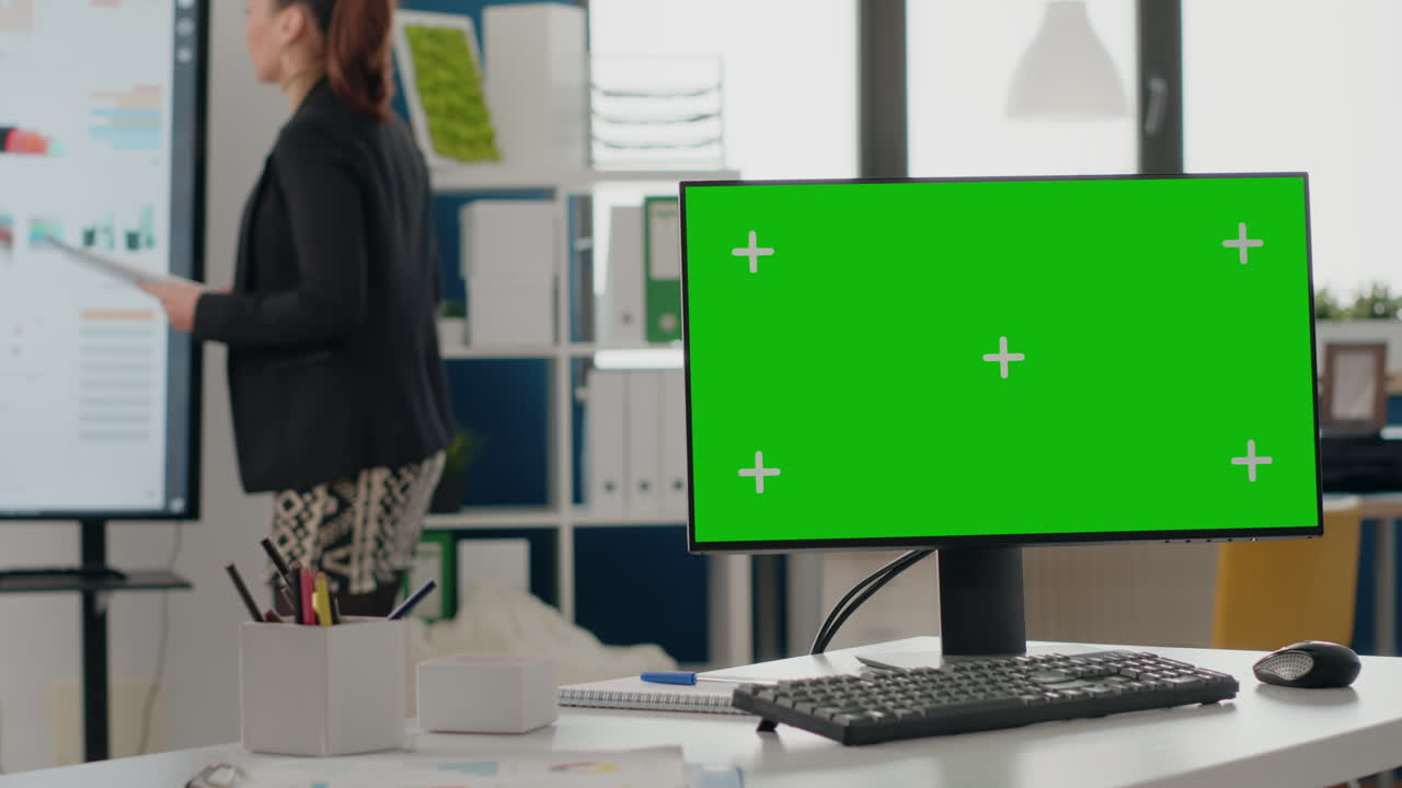 Close up of green screen background on monitor in business office