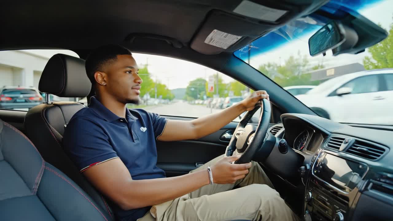 African american male confidently navigating urban street, gripping steering wheel, driving sleek sedan with calm focus during bright daylight, representing professional commuting experience