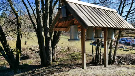 static shot of big size bird feeder in early spring with small birds flying