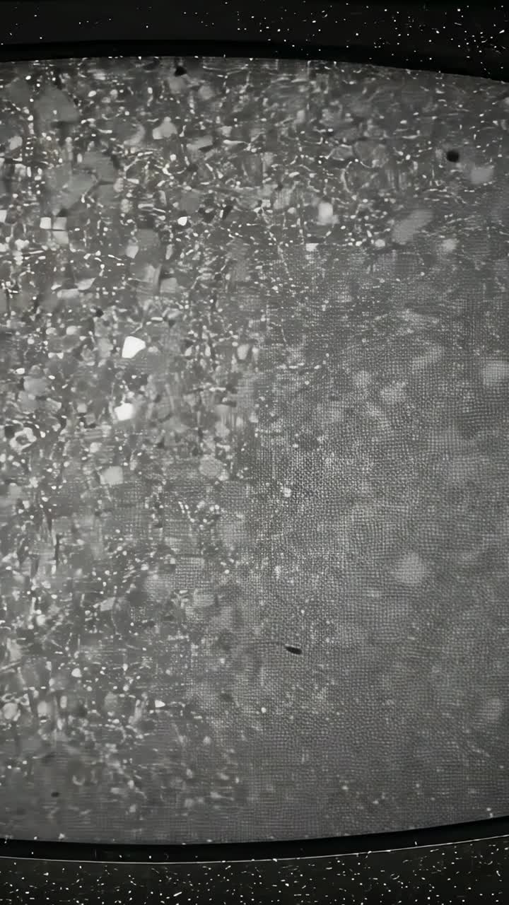 Vertical video: Camera moving down to reveal woven mesh screen at window, showing sleet and specks