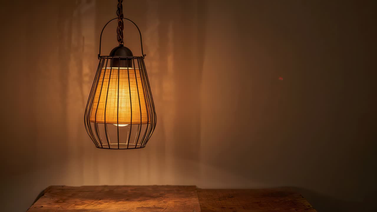 Fotogrammi che mostrano una lampada a sospensione che oscilla dolcemente, proiettando una luce calda su un tavolo di legno, con il suo cavo.