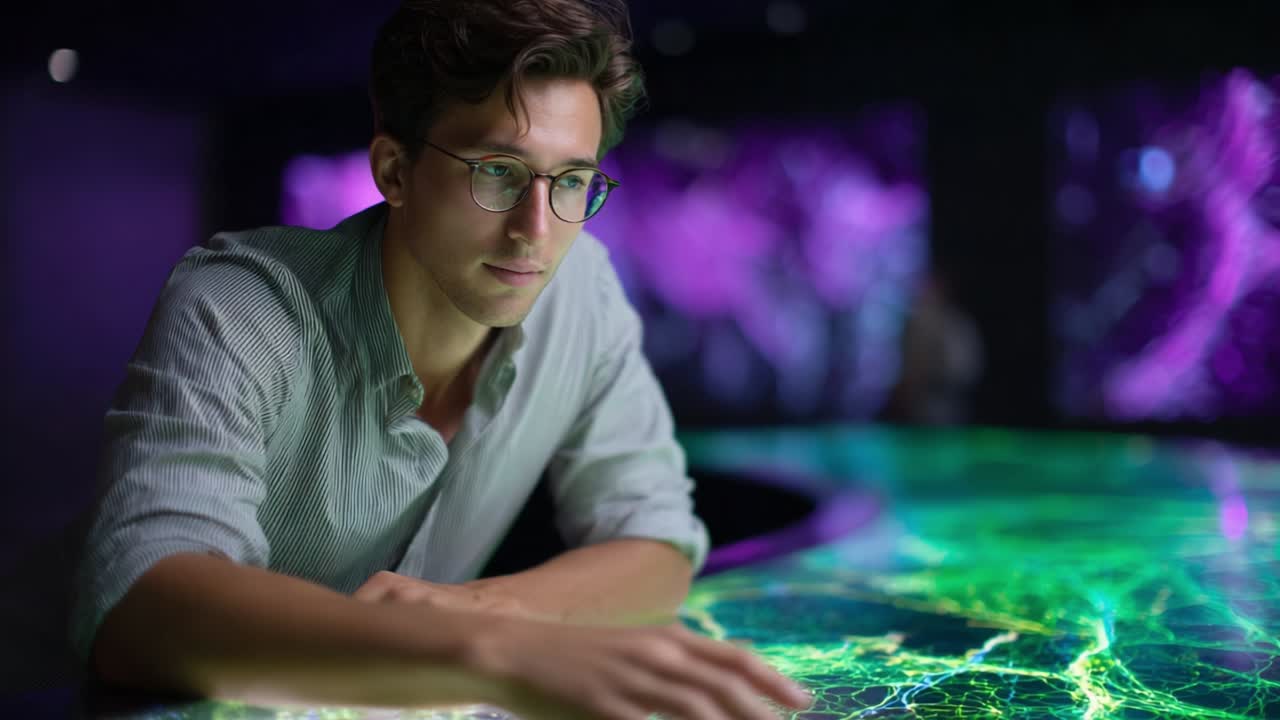 A young man engages thoughtfully with an interactive digital display showcasing vibrant green and purple patterns, illustrating a captivating fusion of technology and creativity in a futuristic environment