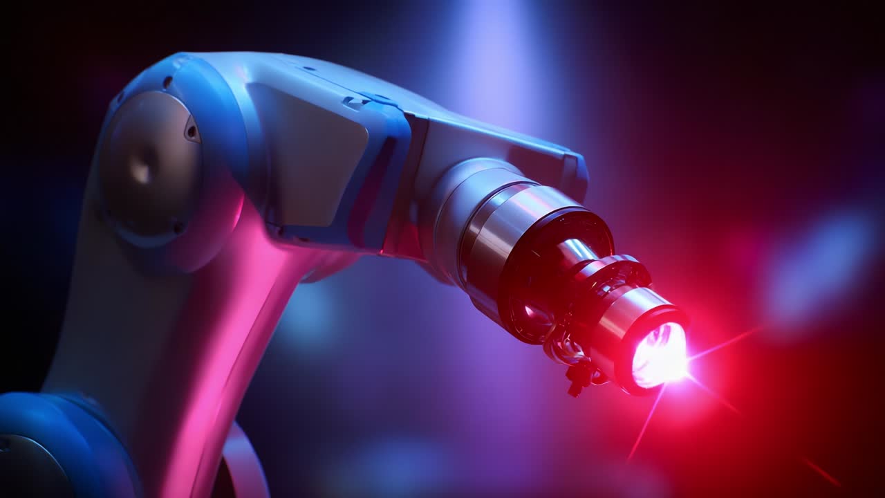 Futuristic Robotic Arm Featuring High-Tech Laser Attachment Captured in Two Stunning Frames, Showcasing Cutting-Edge Technological Advancements and Precise Engineering for Modern Industrial Applications